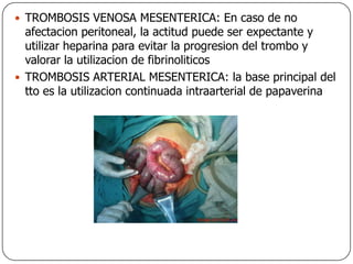 TROMBOSIS VENOSA MESENTERICA: En caso de no afectacion peritoneal, la actitud puede ser expectante y utilizar heparina para evitar la progresion del trombo y valorar la utilizacion de fibrinoliticosTROMBOSIS ARTERIAL MESENTERICA: la base principal del tto es la utilizacion continuada intraarterial de papaverina