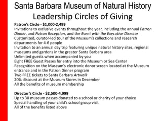 Santa Barbara Museum of Natural History
     Leadership Circles of Giving
Patron’s Circle - $1,000-2,499
Invitations to exclusive events throughout the year, including the annual Patron
Dinner, and Patron Reception, and the Event with the Executive Director
Customized, curator-led tour of the Museum’s collections and research
departments for 4-6 people
Invitation to an annual day trip featuring unique natural history sites, regional
museums and gardens in the greater Santa Barbara area
Unlimited guests when accompanied by you
Eight FREE Guest Passes for entry into the Museum or Sea Center
Recognition on the Museum’s electronic donor screen located at the Museum
entrance and in the Patron Dinner program
Two FREE tickets to Santa Barbara Artwalk
20% discount at the Museum Stores in December
All the benefits of museum membership

Director’s Circle - $2,500-4,999
Up to 30 museum passes donated to a school or charity of your choice
Special handling of your child’s school group visit
All of the benefits listed above
 