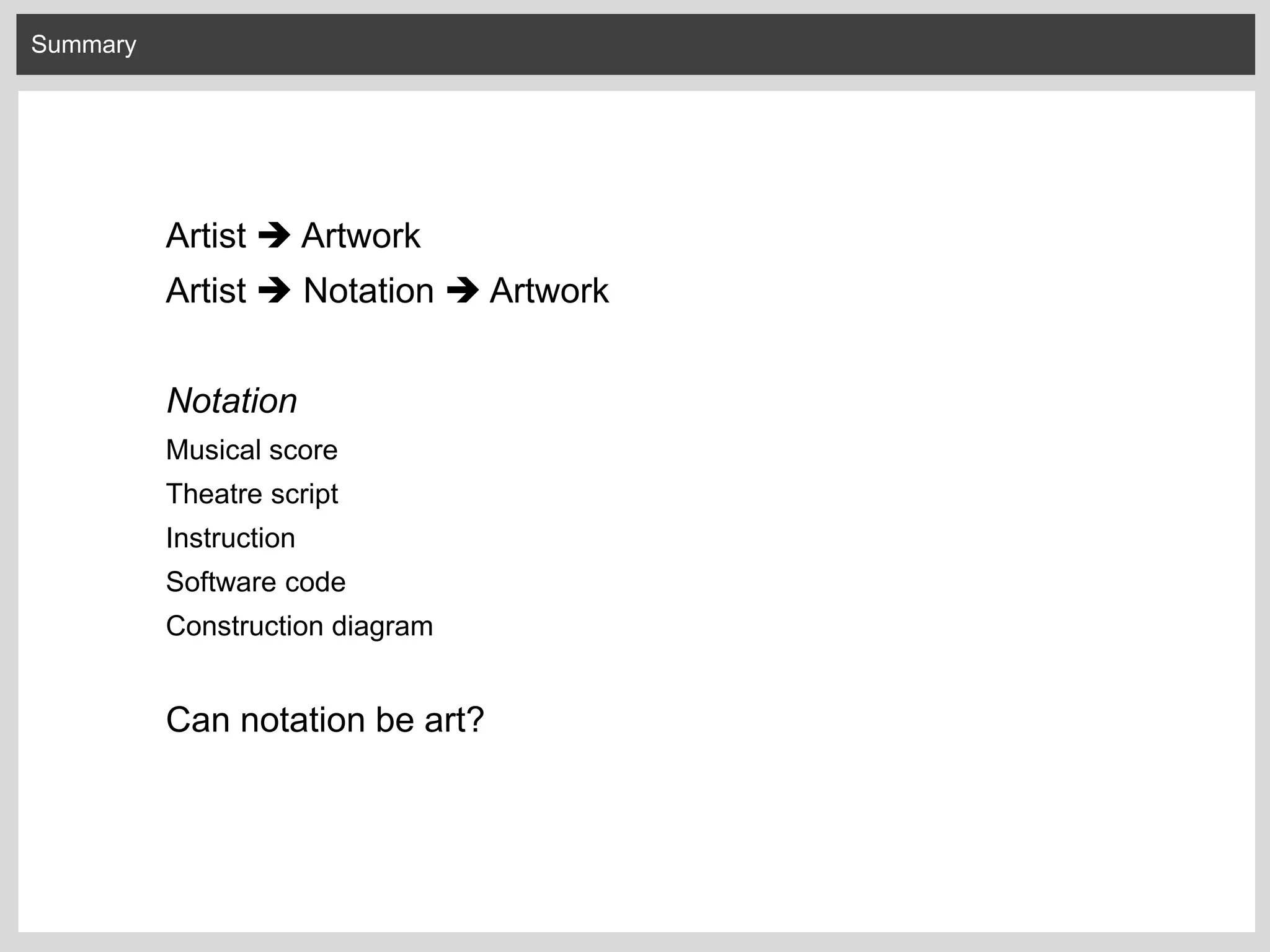 Summary
Artist  Artwork
Artist  Notation  Artwork
Notation
Musical score
Theatre script
Instruction
Software code
Construction diagram
Can notation be art?
 