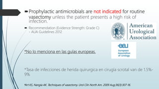 Prophylactic antimicrobials are not indicated for routine
vasectomy unless the patient presents a high risk of
infection.
 Recommendation (Evidence Strength: Grade C)
- AUA Guidelines 2012
*No lo menciona en las guías europeas.
*Tasa de infecciones de herida quirurgica en cirugía scrotal van de 1.5%-
9%
*Art KS, Nangia AK. Techniques of vasectomy. Urol Clin North Am. 2009 Aug;36(3):307-16.
 
