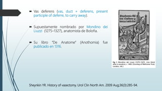  Vas deferens (vas, duct + deferens, present
participle of deferre, to carry away).
 Supuestamente nombrado por Mondino dei
Liuzzi (1275–1327), anatomista de Boloña.
 Su libro ‘‘De Anatome’’ (Anothomia) fue
publicado en 1316.
Sheynkin YR. History of vasectomy. Urol Clin North Am. 2009 Aug;36(3):285-94.
 
