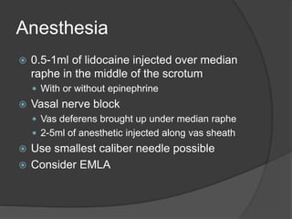 Anesthesia
 0.5-1ml of lidocaine injected over median
raphe in the middle of the scrotum
 With or without epinephrine
 Vasal nerve block
 Vas deferens brought up under median raphe
 2-5ml of anesthetic injected along vas sheath
 Use smallest caliber needle possible
 Consider EMLA
 
