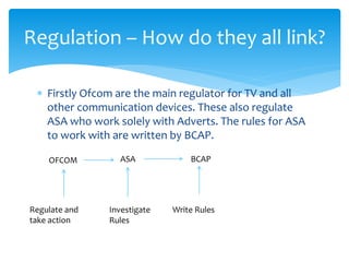  Firstly Ofcom are the main regulator for TV and all
other communication devices. These also regulate
ASA who work solely with Adverts. The rules for ASA
to work with are written by BCAP.
Regulation – How do they all link?
OFCOM ASA BCAP
Investigate
Rules
Write RulesRegulate and
take action
 