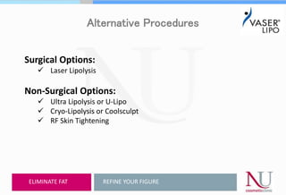 Alternative Procedures
Surgical Options:
 Laser Lipolysis
Non-Surgical Options:
 Ultra Lipolysis or U-Lipo
 Cryo-Lipolysis or Coolsculpt
 RF Skin Tightening
REFINE YOUR FIGUREELIMINATE FAT
 