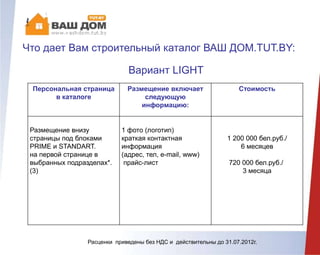 Что дает Вам строительный каталог ВАШ ДОМ.TUT.BY:
Вариант LIGHT
Персональная страница
в каталоге
Размещение включает
следующую
информацию:
Стоимость
Размещение внизу
страницы под блоками
PRIME и STANDART.
на первой странице в
выбранных подразделах*.
(3)
1 фото (логотип)
краткая контактная
информация
(адрес, тел, e-mail, www)
прайс-лист
1 200 000 бел.руб./
6 месяцев
720 000 бел.руб./
3 месяца
Расценки приведены без НДС и действительны до 31.07.2012г.
 