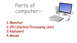 Parts of
computer:-
1. Monitor
2. CPU (Central Processing Unit)
3. Keyboard
4. Mouse
 