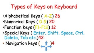 Types of Keys on Keyboard
•Alphabetical Keys ( A-Z) 26
•Numerical Keys ( 0-9) 20
•Function Keys (F1-F12) 12
•Special Keys ( Enter, Shift, Space, Ctrl,
Delete, Tab etc.)42
• Navigation keys ( )4
 