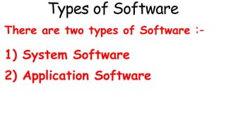 Types of Software
There are two types of Software :-
1) System Software
2) Application Software
 