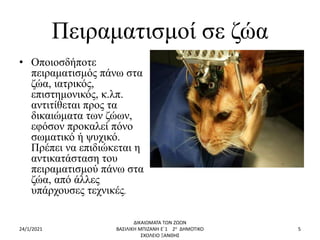 Πειραματισμοί σε ζώα
• Οποιοσδήποτε
πειραματισμός πάνω στα
ζώα, ιατρικός,
επιστημονικός, κ.λπ.
αντιτίθεται προς τα
δικαιώματα των ζώων,
εφόσον προκαλεί πόνο
σωματικό ή ψυχικό.
Πρέπει να επιδιώκεται η
αντικατάσταση του
πειραματισμού πάνω στα
ζώα, από άλλες
υπάρχουσες τεχνικές.
24/1/2021
ΔΙΚΑΙΩΜΑΤΑ ΤΩΝ ΖΩΩΝ
ΒΑΣΙΛΙΚΗ ΜΠΙΖΑΝΗ Ε΄1 2ο ΔΗΜΟΤΙΚΟ
ΣΧΟΛΕΙΟ ΞΑΝΘΗΣ
5
 