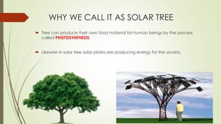 WHY WE CALL IT AS SOLAR TREE
 Tree can produce their own food material for human beings by the process
called PHOTOSYNTHESIS.
 Likewise in solar tree solar plates are producing energy for the society.
 