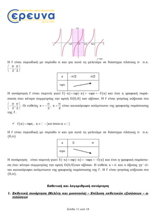 Σελίδα 11 από 18
Η f είναι περιοδική με περίοδο π και για αυτό τη μελετάμε σε διάστημα πλάτους π π.χ.
π π
,
2 2
 
 
 
Η συνάρτηση f είναι περιττή γιατί      f x εφ x εφx f x       και έτσι η γραφική παρά-
σταση έχει κέντρο συμμετρίας την αρχή  O 0,0 των αξόνων. Η f είναι γνησίως αύξουσα στο
π π
,
2 2
 
 
 
. Οι ευθείες
π
x
2
  ,
π
x
2
 είναι κατακόρυφοι ασύμπτωτοι της γραφικής παράστασης
της f .
  f x σφx ,  x κπ όπου κ  
Η f είναι περιοδική με περίοδο π και για αυτό τη μελετάμε σε διάστημα πλάτους π π.χ.
 0,π
Η συνάρτηση είναι περιττή γιατί      f x σφ x σφx f x       και έτσι η γραφική παράστα-
ση έχει κέντρο συμμετρίας την αρχή  O 0,0 των αξόνων. Η ευθεία x π και ο άξονας yy ' εί-
ναι κατακόρυφοι ασύμπτωτοι της γραφικής παράστασης της f . Η f είναι γνησίως αύξουσα στο
 0,π .
Εκθετική και λογαριθμική συνάρτηση
1. Εκθετική συνάρτηση (Μελέτη και μονοτονία) – Επίλυση εκθετικών εξισώσεων – α-
νισώσεων
 