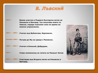 1862 г. Взема участие в Първата българска легия на
Раковски в Белград. Тук получава името си
Левски, поради лъвският скок по време на
военни упражнения.
1864 г. - 1866 г. Учител във Войнягово, Карловско.
ноември 1866 г. Пътува до Яш за среща с Раковски.
1866 г. - 1867 г. Учител в Еникьой, Добруджа.
1867 г. Става знаменосец на четата на Панаьот Хитов
1867 г. - 1868 г. Участвува във Втората легия на Раковски в
Белград.
В. Лъвский
 