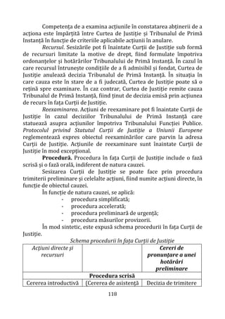 118
Competența de a examina acțiunile în constatarea abținerii de a
acționa este împărțită între Curtea de Justiție și Tribunalul de Primă
Instanță în funcție de criteriile aplicabile acțiunii în anulare.
Recursul. Sesizările pot fi înaintate Curții de Justiție sub formă
de recursuri limitate la motive de drept, fiind formulate împotriva
ordonanțelor și hotărârilor Tribunalului de Primă Instanță. În cazul în
care recursul întrunește condițiile de a fi admisibil și fondat, Curtea de
Justiție anulează decizia Tribunalul de Primă Instanță. În situația în
care cauza este în stare de a fi judecată, Curtea de Justiție poate să o
rețină spre examinare. În caz contrar, Curtea de Justiție remite cauza
Tribunalul de Primă Instanță, fiind ținut de decizia emisă prin acțiunea
de recurs în fața Curții de Justiție.
Reexaminarea. Acțiuni de reexaminare pot fi înaintate Curții de
Justiție în cazul deciziilor Tribunalului de Primă Instanță care
statuează asupra acțiunilor împotriva Tribunalului Funcției Publice.
Protocolul privind Statutul Curții de Justiție a Uniunii Europene
reglementează expres obiectul reexaminărilor care parvin la adresa
Curții de Justiție. Acțiunile de reexaminare sunt înaintate Curții de
Justiție în mod excepțional.
Procedură. Procedura în fața Curții de Justiție include o fază
scrisă și o fază orală, indiferent de natura cauzei.
Sesizarea Curții de Justiție se poate face prin procedura
trimiterii preliminare și celelalte acțiuni, fiind numite acțiuni directe, în
funcție de obiectul cauzei.
În funcție de natura cauzei, se aplică:
- procedura simplificată;
- procedura accelerată;
- procedura preliminară de urgență;
- procedura măsurilor provizorii.
În mod sintetic, este expusă schema procedurii în fața Curții de
Justiție.
Schema procedurii în fața Curții de Justiție
Acţiuni directe şi
recursuri
Cereri de
pronunţare a unei
hotărâri
preliminare
Procedura scrisă
Cererea introductivă (Cererea de asistenţă Decizia de trimitere
 