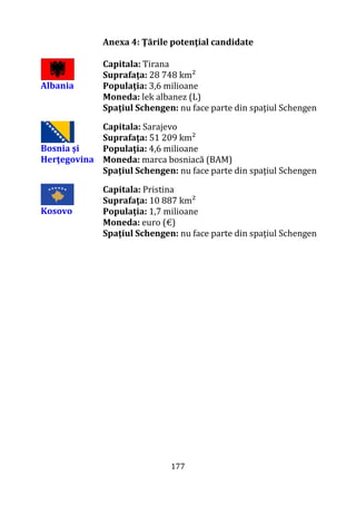 177
Anexa 4: Ţările potenţial candidate
Albania
Capitala: Tirana
Suprafaţa: 28 748 km²
Populaţia: 3,6 milioane
Moneda: lek albanez (L)
Spaţiul Schengen: nu face parte din spaţiul Schengen
Bosnia şi
Herţegovina
Capitala: Sarajevo
Suprafaţa: 51 209 km²
Populaţia: 4,6 milioane
Moneda: marca bosniacă (BAM)
Spaţiul Schengen: nu face parte din spaţiul Schengen
Kosovo
Capitala: Pristina
Suprafaţa: 10 887 km²
Populaţia: 1,7 milioane
Moneda: euro (€)
Spaţiul Schengen: nu face parte din spaţiul Schengen
 