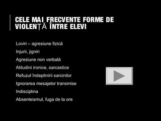 CELE MA I FRECVENTE FORME DE
VIOLENŢĂ ÎNTRE ELEVI
Loviri – agresiune fizică
Injurii, jigniri
Agresiune non verbală
Atitudini ironice, sarcastice
Refuzul îndeplinirii sarcinilor
Ignorarea mesajelor transmise
Indisciplina
Absenteismul, fuga de la ore

 