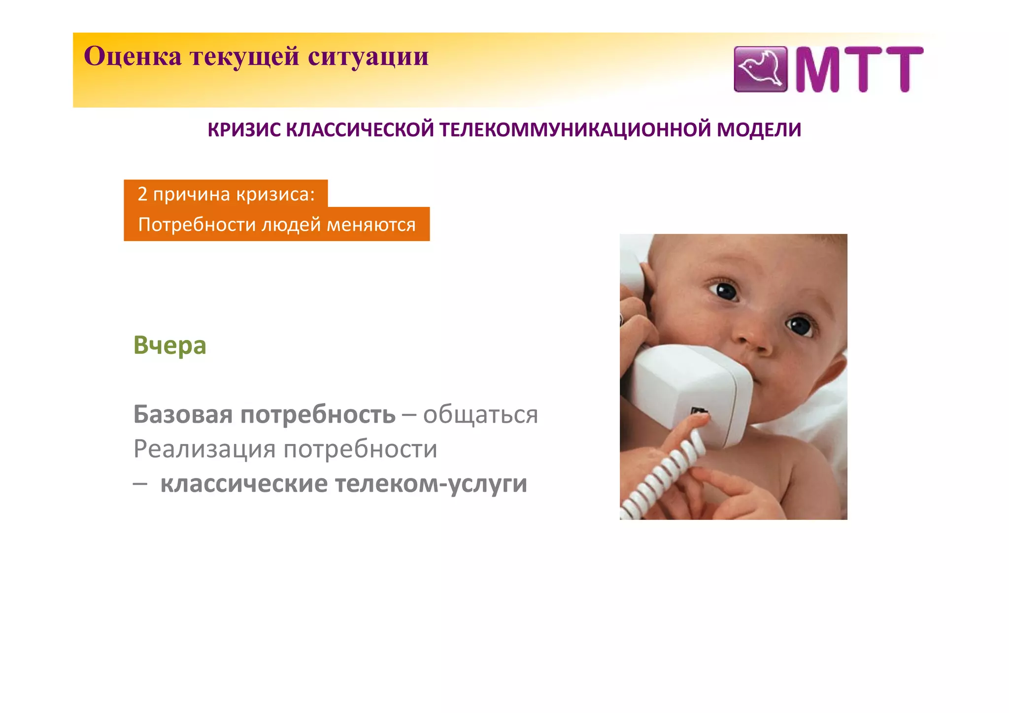 Оценка текущей ситуации

           КРИЗИС КЛАССИЧЕСКОЙ ТЕЛЕКОММУНИКАЦИОННОЙ МОДЕЛИ

   2 причина кризиса:
   Потребности людей меняются




   Вчера

   Базовая потребность – общаться
   Реализация потребности
   – классические телеком-услуги
 