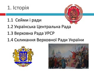 1. Історія
1.1 Сейми і ради
1.2 Українська Центральна Рада
1.3 Верховна Рада УРСР
1.4 Скликання Верховної Ради України

 