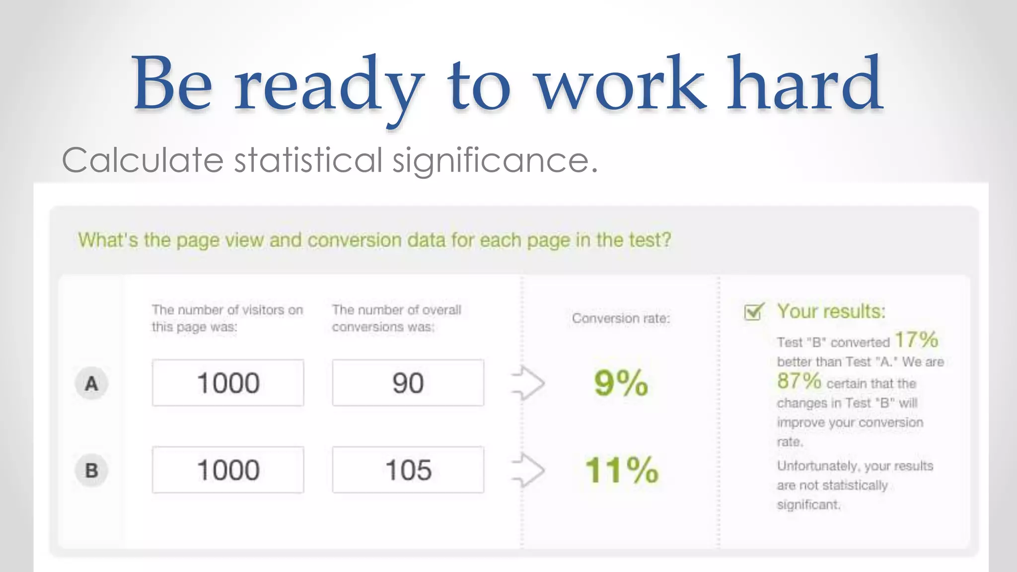 Be ready to work hard
Calculate statistical significance.
 