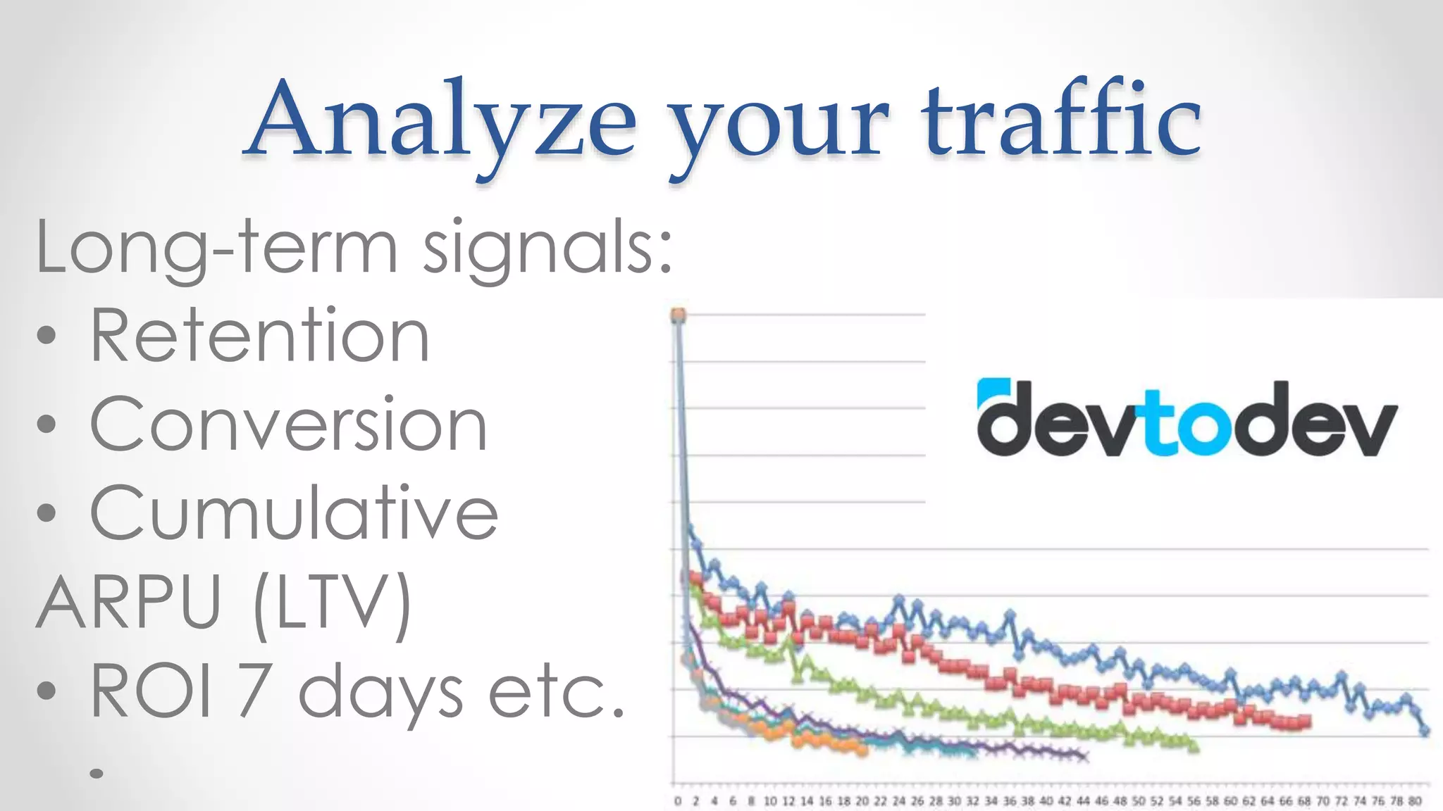 Analyze your traffic
Long-term signals:
• Retention
• Conversion
• Cumulative
ARPU (LTV)
• ROI 7 days etc.
 