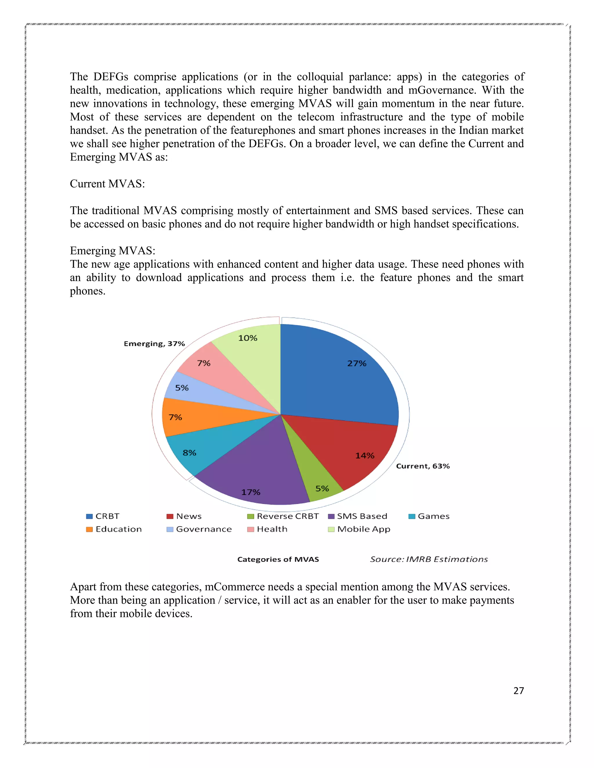 The DEFGs comprise applications (or in the colloquial parlance: apps) in the categories of
health, medication, applications which require higher bandwidth and mGovernance. With the
new innovations in technology, these emerging MVAS will gain momentum in the near future.
Most of these services are dependent on the telecom infrastructure and the type of mobile
handset. As the penetration of the featurephones and smart phones increases in the Indian market
we shall see higher penetration of the DEFGs. On a broader level, we can define the Current and
Emerging MVAS as:
Current MVAS:
The traditional MVAS comprising mostly of entertainment and SMS based services. These can
be accessed on basic phones and do not require higher bandwidth or high handset specifications.
Emerging MVAS:
The new age applications with enhanced content and higher data usage. These need phones with
an ability to download applications and process them i.e. the feature phones and the smart
phones.

Apart from these categories, mCommerce needs a special mention among the MVAS services.
More than being an application / service, it will act as an enabler for the user to make payments
from their mobile devices.

27

 