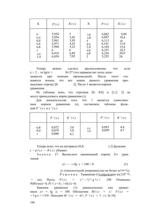 X Р ( х ) К ( х ) X Р ( х ) К { х )
0 5,954 3 1,6 6,062 9,09
0,2 5,956 3,45 1,8 6,087 10,4
0,4 5,961 3,95 2 6,113 12
0,6 5,971 4,55 2,2 6,141 13,8
0,8 5,984 5,22 2,4 6,169 15,8
1 6 6 2,6 6,197 18,2
1,2 6,018 6,89 2,8 6,226 20,9
1,4 6,039 7,92 3 5,255 24
Теперь можно сделать предположение, что если
х > 2 , то lg(x2 + 9)<2* (это неравенство легко дока­
зывается при помощи производной). После этого ста­
новится ясным, что все корни данного уравнения при­
надлежат отрезку [0; 2]. Число 1 является корнем
уравнения.
Из таблицы ясно, что отрезкам [0; 0,8] и [1,2; 2] не
могут принадлежать корни уравнения (1).
Для доказательства того, что 1 является единствен­
ным корнем уравнения (1), составляем таблицы функ­
ций Р ’ ( х ) и к ’ ( х ) :
Р ’ ( х ) К ’ ( х ) Р ’ ( х ) К ’ ( х )
0,8 0,072 3,6 1,1 0,093 4,4
0,9 0,079 3,8 1,2 0,099 4,7
1 0,080 4,1
Теперь ясно, что на интервале (0,8; 1,2) функция
у = р ( х ) — К ( х ) убывает.
З а д а ч а 17. Вычислите наименьший корень Х о урав­
нения
л;2 — ->Jlg х + 100 = 0 (1)
(с относительной погрешностью не более 10“390 %).
Р е ш е н и е . Уравнение (1) определено на [10” 00;
+ оо). Пусть Р ( х ) = х 2 —A f '  g A c + 100. Очевидно,
Р(Ю-юо)> 0; Р( 1 ) < 0 ; />(0,1) <0.
Заменим уравнение (1) равносильным ему уравне­
нием л:4 = lg л; + 100. Обозначим: М ( х ) = х  F ( x ) =
= l g x + 1 0 0 . Находим М ’ ( х ) = 4x3
t F ’ ( x ) = 1 : ( х In 10).
106
 