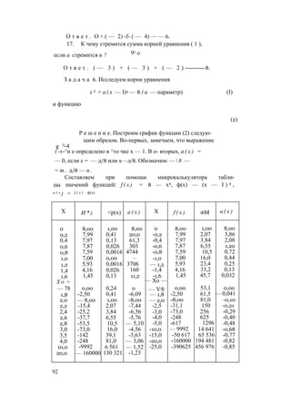 О т в е т . О + ( — 2) -f- ( — 4) — — 6.
17. К чему стремится сумма корней уравнения ( 1 ),
97 оесли а стремится к ?
О т в е т . ( — 3 ) + ( — 3 ) + ( — 2 ) ----------8.
З а д а ч а 6. Исследуем корни уравнения
х 4 + а ( х — I)4 — 8 ( а — параметр) (I)
и функцию
(2)
Р е ш е н и е. Построим график функции (2) следую­
щим образом. Во-первых, замечаем, что выражение
g Л-4
( -т-^н е определено в ^то чке х — 1. В о- вторых, а ( х ) =
— 0, если х = — д/8 или х—д/8. Обозначим: —  8 —
= т , д/8 — п .
Составляем при помощи микрокалькулятора табли­
цы значений функций: f ( x ) = 8 — х4, ф(х) — (х — I ) 4 ,
a ( x ) = f ( x ) : ф(х):
X И * ) <р(х) а ( х ) X f ( x ) фМ а ( х )
0 8,00 1,00 8,00 0 8,00 1,00 8,00
0,2 7,99 0,41 20,0 -0,2 7,99 2,07 3,86
0,4 7,97 0,13 61,3 -0,4 7,97 3,84 2,08
0,6 7,87 0,026 303 -0,6 7,87 6,55 1,20
0,8 7,59 0,0016 4744 -0,8 7,59 10,5 0,72
1,0 7,00 0,00 — -1,0 7,00 16,0 0,44
1,2 5,93 0,0016 3706 — 1,2 5,93 23,4 0,25
1,4 4,16 0,026 160 -1,4 4,16 33,2 0,13
1,6 1,45 0,13 11,2 -1,6 1,45 45,7 0,032
Х о = — Хо —
— 78 0,00 0,24 0 — V® 0,00 53,1 0,00
1,8 -2,50 0,41 -6,09 — 1,8 -2,50 61,5 — 0,041
2,0 — 8,00 1,00 -8,00 — 2,0 -8,00 81,0 -0,10
2,2 -15,4 2,07 -7,44 -2,5 -31,1 150 -0,21
2,4 -25,2 3,84 -6,56 -3,0 -73,0 256 -0,29
2,6 -37,7 6,55 -5,76 -4,0 -248 625 -0,40
2,8 -53,5 10,5 — 5,10 -5,0 -617 1296 -0,48
3,0 -73,0 16,0 -4,56 -10,0 — 9992 14 641 -0,68
3,5 -142 39,1 -3,63 -15,0 -50 617 65 536 -0,77
4,0 -248 81,0 — 3,06 -20,0 -160000 194 481 -0,82
10,0 -9992 6 561 — 1,52 -25,0 -390625 456 976 -0,85
20,0 — 160000 130 321 -1,23
92
 
