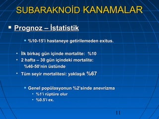 11
SUBARAKNOİDSUBARAKNOİD KANAMALARKANAMALAR
 Prognoz – İstatistikPrognoz – İstatistik
 %10-15’i hastaneye getirilemeden exitus.%10-15’i hastaneye getirilemeden exitus.
• İlk birkaç gün içinde mortalite:İlk birkaç gün içinde mortalite: %10%10
• 2 hafta – 30 gün içindeki mortalite:2 hafta – 30 gün içindeki mortalite:
%46-50’nin üstünde%46-50’nin üstünde
• Tüm seyir mortalitesi: yaklaşıkTüm seyir mortalitesi: yaklaşık %67%67
 Genel popülasyonun %2’sinde anevrizmaGenel popülasyonun %2’sinde anevrizma
• %1’i rüptüre olur%1’i rüptüre olur
• %0.5’i ex.%0.5’i ex.
 