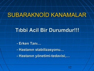 12
SUBARAKNOİD KANAMALARSUBARAKNOİD KANAMALAR
Tıbbi Acil Bir Durumdur!!!Tıbbi Acil Bir Durumdur!!!
- Erken Tanı…- Erken Tanı…
- Hastanın stabilizasyonu…- Hastanın stabilizasyonu…
- Hastanın yönetimi-tedavisi,…- Hastanın yönetimi-tedavisi,…
 