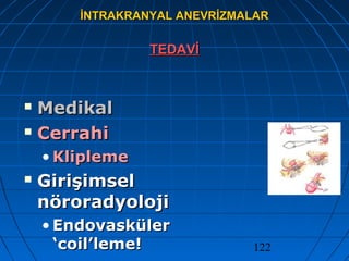 122
İNTRAKRANYAL ANEVRİZMALARİNTRAKRANYAL ANEVRİZMALAR
TEDAVİTEDAVİ
 MedikalMedikal
 CerrahiCerrahi
• KliplemeKlipleme
 GirişimselGirişimsel
nöroradyolojinöroradyoloji
• EndovaskülerEndovasküler
‘coil’leme!‘coil’leme!
 