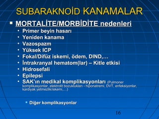 16
SUBARAKNOİDSUBARAKNOİD KANAMALARKANAMALAR
 MORTALİTE/MORBİDİTE nedenleriMORTALİTE/MORBİDİTE nedenleri
• Primer beyin hasarıPrimer beyin hasarı
• Yeniden kanamaYeniden kanama
• VazospazmVazospazm
• Yüksek ICPYüksek ICP
• Fokal/Difüz iskemi, ödem, DIND,…Fokal/Difüz iskemi, ödem, DIND,…
• İntrakranyal hematom(lar) – Kitle etkisiİntrakranyal hematom(lar) – Kitle etkisi
• HidrosefaliHidrosefali
• EpilepsiEpilepsi
• SAK’ın medikal komplikasyonlarıSAK’ın medikal komplikasyonları (Pulmoner(Pulmoner
komplikasyonlar, elektrolit bozuklukları - hiponatremi, DVT, enfeksiyonlar,komplikasyonlar, elektrolit bozuklukları - hiponatremi, DVT, enfeksiyonlar,
kardiyak yetmezlik/iskemi,…)kardiyak yetmezlik/iskemi,…)
 Diğer komplikasyonlarDiğer komplikasyonlar
 