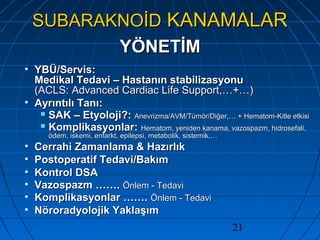 21
SUBARAKNOİDSUBARAKNOİD KANAMALARKANAMALAR
YÖNETİMYÖNETİM
• YBÜ/Servis:YBÜ/Servis:
Medikal Tedavi – Hastanın stabilizasyonuMedikal Tedavi – Hastanın stabilizasyonu
(ACLS: Advanced Cardiac Life Support,…+…)(ACLS: Advanced Cardiac Life Support,…+…)
• Ayrıntılı Tanı:Ayrıntılı Tanı:
 SAK – Etyoloji?:SAK – Etyoloji?: Anevrizma/AVM/Tümör/Diğer,… + Hematom-Kitle etkisiAnevrizma/AVM/Tümör/Diğer,… + Hematom-Kitle etkisi
 Komplikasyonlar:Komplikasyonlar: Hematom, yeniden kanama, vazospazm, hidrosefali,Hematom, yeniden kanama, vazospazm, hidrosefali,
ödem, iskemi, enfarkt, epilepsi, metabolik, sistemik,…ödem, iskemi, enfarkt, epilepsi, metabolik, sistemik,…
• Cerrahi Zamanlama & HazırlıkCerrahi Zamanlama & Hazırlık
• Postoperatif Tedavi/BakımPostoperatif Tedavi/Bakım
• Kontrol DSAKontrol DSA
• Vazospazm …….Vazospazm ……. Önlem - TedaviÖnlem - Tedavi
• Komplikasyonlar …….Komplikasyonlar ……. Önlem - TedaviÖnlem - Tedavi
• Nöroradyolojik YaklaşımNöroradyolojik Yaklaşım
 