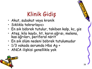 Klinik Gidiş
• Akut, subakut veya kronik
• Sıklıkla tekrarlayıcı
• En sık böbrek tutulur, takiben kalp, kc, gis
• Ateş, kilo kaybı, ht, karın ağrısı, melena,
  kas ağrıları, periferal nörit
• En sık ölüm nedeni böbrek tutulumudur
• 1/3 vakada serumda Hbs Ag +
• ANCA ilişkisi genellikle yok


                                                 38
 