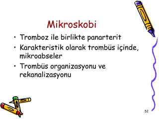 Mikroskobi
• Tromboz ile birlikte panarterit
• Karakteristik olarak trombüs içinde,
  mikroabseler
• Trombüs organizasyonu ve
  rekanalizasyonu




                                         52
 