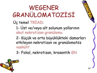 WEGENER
GRANÜLOMATOZİSİ
Üç temel TRİAD:
 1- Üst ve/veya alt solunum yollarının
 akut nekrotizan granülomu
 2- Küçük ve orta büyüklükteki damarları
 etkileyen nekrotizan ve granülomatöz
 vaskülit
 3- Fokal, nekrotizan, kresentik GN


                                           62
 
