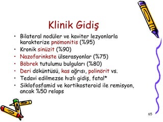 Klinik Gidiş
• Bilateral nodüler ve kaviter lezyonlarla
  karakterize pnömonitis (%95)
• Kronik sinüzit (%90)
• Nazofarinkste ülserasyonlar (%75)
• Böbrek tutulumu bulguları (%80)
• Deri döküntüsü, kas ağrısı, polinörit vs.
• Tedavi edilmezse hızlı gidiş, fatal*
• Siklofosfamid ve kortikosteroid ile remisyon,
  ancak %50 relaps



                                                  65
 