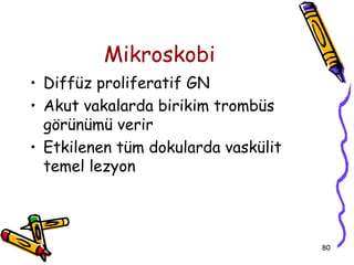 Mikroskobi
• Diffüz proliferatif GN
• Akut vakalarda birikim trombüs
  görünümü verir
• Etkilenen tüm dokularda vaskülit
  temel lezyon




                                     80
 