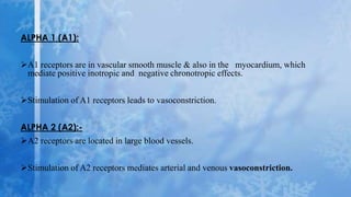 ALPHA 1 (A1): 
A1 receptors are in vascular smooth muscle & also in the myocardium, which 
mediate positive inotropic and negative chronotropic effects. 
Stimulation of A1 receptors leads to vasoconstriction. 
ALPHA 2 (A2):- 
A2 receptors are located in large blood vessels. 
Stimulation of A2 receptors mediates arterial and venous vasoconstriction. 
 