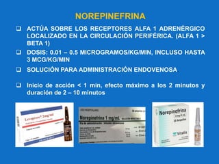 NOREPINEFRINA
 ACTÚA SOBRE LOS RECEPTORES ALFA 1 ADRENÉRGICO
LOCALIZADO EN LA CIRCULACIÓN PERIFÉRICA. (ALFA 1 >
BETA 1)
 DOSIS: 0.01 – 0.5 MICROGRAMOS/KG/MIN, INCLUSO HASTA
3 MCG/KG/MIN
 SOLUCIÓN PARA ADMINISTRACIÓN ENDOVENOSA.
 Inicio de acción < 1 min, efecto máximo a los 2 minutos y
duración de 2 – 10 minutos
 