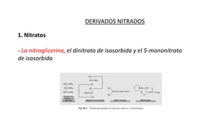 DERIVADOS NITRADOS
1. Nitratos
- La nitroglicerina, el dinitrato de isosorbida y el 5-mononitrato
de isosorbida
 
