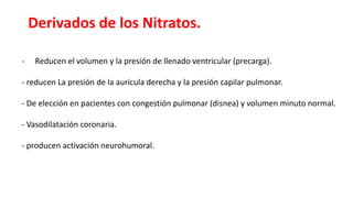 - Reducen el volumen y la presión de llenado ventricular (precarga).
- reducen La presión de la aurícula derecha y la presión capilar pulmonar.
- De elección en pacientes con congestión pulmonar (disnea) y volumen minuto normal.
- Vasodilatación coronaria.
- producen activación neurohumoral.
Derivados de los Nitratos.
 