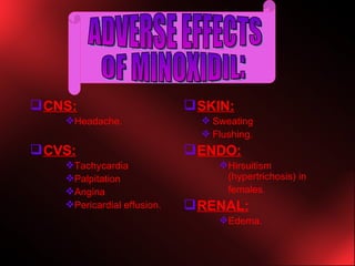 CNS: Headache. CVS: Tachycardia Palpitation Angina Pericardial effusion. SKIN: Sweating Flushing. ENDO: Hirsuitism (hypertrichosis) in  females. RENAL: Edema. OF MINOXIDIL: ADVERSE EFFECTS 