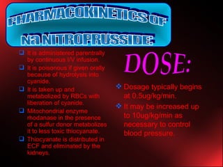 It is administered parentrally by continuous I/V infusion. It is poisonous if given orally because of hydrolysis into cyanide. It is taken up and metabolized by RBCs with liberation of cyanide. Mitochondrial enzyme rhodanase in the presence of a sulfur donor metabolizes it to less toxic thiocyanate. Thiocyanate is distributed in ECF and eliminated by the kidneys. Dosage typically begins at 0.5ug/kg/min. It may be increased up to 10ug/kg/min as necessary to control blood pressure. PHARMACOKINETICS OF  Na NITROPRUSSIDE: DOSE: 