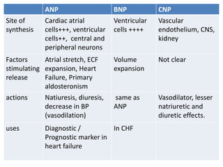 ANP BNP CNP 
Site of 
synthesis 
Cardiac atrial 
cells+++, ventricular 
cells++, central and 
peripheral neurons 
Ventricular 
cells ++++ 
Vascular 
endothelium, CNS, 
kidney 
Factors 
stimulating 
release 
Atrial stretch, ECF 
expansion, Heart 
Failure, Primary 
aldosteronism 
Volume 
expansion 
Not clear 
actions Natiuresis, diuresis, 
decrease in BP 
(vasodilation) 
same as 
ANP 
Vasodilator, lesser 
natriuretic and 
diuretic effects. 
uses Diagnostic / 
Prognostic marker in 
heart failure 
In CHF 
 