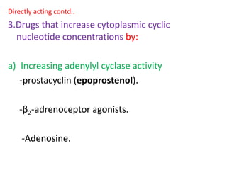 Directly acting contd.. 
3.Drugs that increase cytoplasmic cyclic 
nucleotide concentrations by: 
a) Increasing adenylyl cyclase activity 
-prostacyclin (epoprostenol). 
-β2-adrenoceptor agonists. 
-Adenosine. 
 