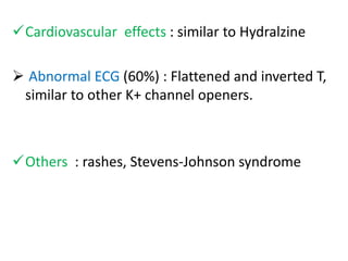 Cardiovascular effects : similar to Hydralzine 
 Abnormal ECG (60%) : Flattened and inverted T, 
similar to other K+ channel openers. 
Others : rashes, Stevens-Johnson syndrome 
 
