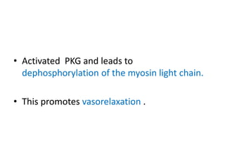 • Activated PKG and leads to 
dephosphorylation of the myosin light chain. 
• This promotes vasorelaxation . 
 