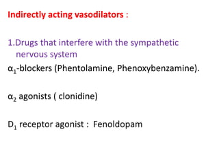 Indirectly acting vasodilators : 
1.Drugs that interfere with the sympathetic 
nervous system 
α1-blockers (Phentolamine, Phenoxybenzamine). 
α2 agonists ( clonidine) 
D1 receptor agonist : Fenoldopam 
 