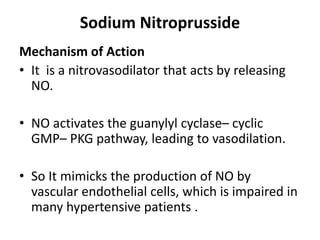 Sodium Nitroprusside 
Mechanism of Action 
• It is a nitrovasodilator that acts by releasing 
NO. 
• NO activates the guanylyl cyclase– cyclic 
GMP– PKG pathway, leading to vasodilation. 
• So It mimicks the production of NO by 
vascular endothelial cells, which is impaired in 
many hypertensive patients . 
 