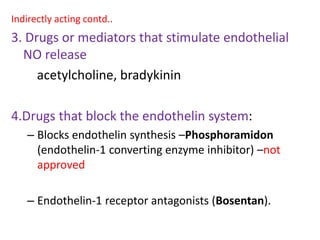 Indirectly acting contd.. 
3. Drugs or mediators that stimulate endothelial 
NO release 
acetylcholine, bradykinin 
4.Drugs that block the endothelin system: 
– Blocks endothelin synthesis –Phosphoramidon 
(endothelin-1 converting enzyme inhibitor) –not 
approved 
– Endothelin-1 receptor antagonists (Bosentan). 
 