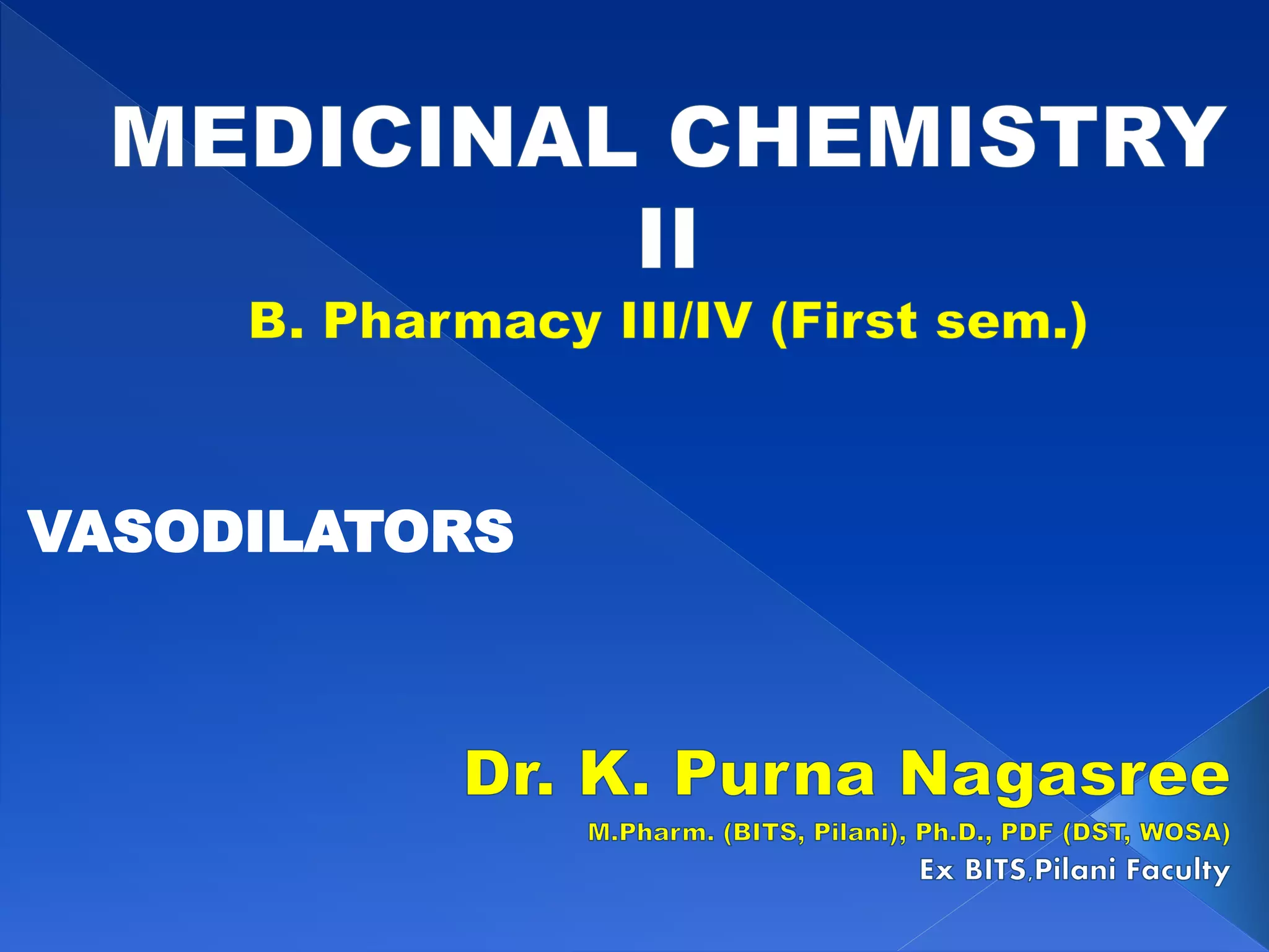 Vasodilators Medicinal chemistry for B.Pharm. PPT